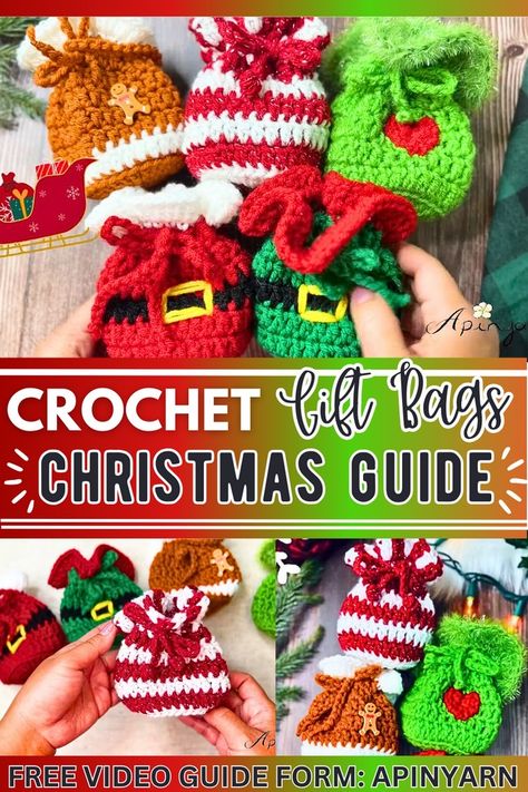 26 Free Crochet Christmas Bag Patterns - DIYsCraftsy Crochet Elf, Crochet Christmas Ornaments Free, Christmas Crochet Patterns Free, Crochet Christmas Gifts, Crochet Santa, Small Christmas Gifts, Crochet Xmas, Beginner Crochet Projects, Crochet Fall