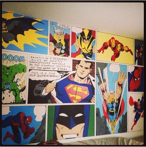 Comic Book Wall | Community Post: 21 Geeky Projects Fit For A Superhero Superhero Mural, Superhero Playroom, Superhero Bedroom, Superhero Wall, Son Bedroom, Superhero Room, Bedroom Murals, Geek Decor, Book Wall