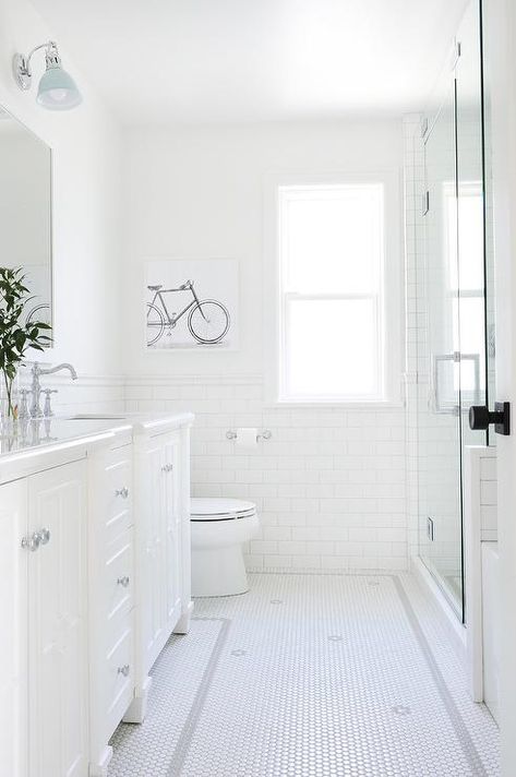 Philadelphia Townhouse, Galley Bathroom Ideas, White Penny Tile Bathroom, Penny Floors, Penny Tile Bathroom, Airy Bathroom, Penny Tiles Bathroom, Farm Bathroom, Farm Retreat