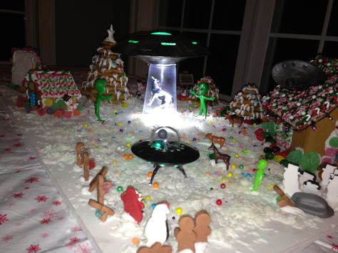 Alien Gingerbread House, Alien Invasion, Gingerbread House, Christmas Party, Birthday Candles, Gingerbread, Candles, Christmas