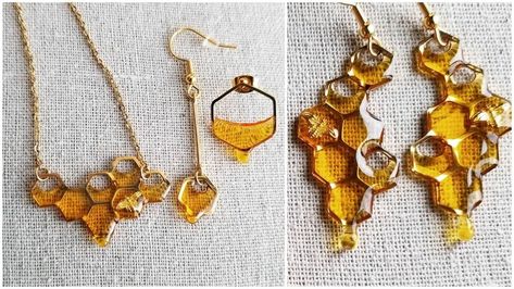 Beautiful Bee Themed Honeycomb Jewelry That Gives the Illusion of Honey Dripping From the Bottom Bee Themed Jewelry, Bee Themed Clothes, Bee Themed Outfit, Bee Inspired Outfit, Honey Accessories, Honey Earrings, Bee Accessories, Honey Dripping, Honeycomb Jewelry