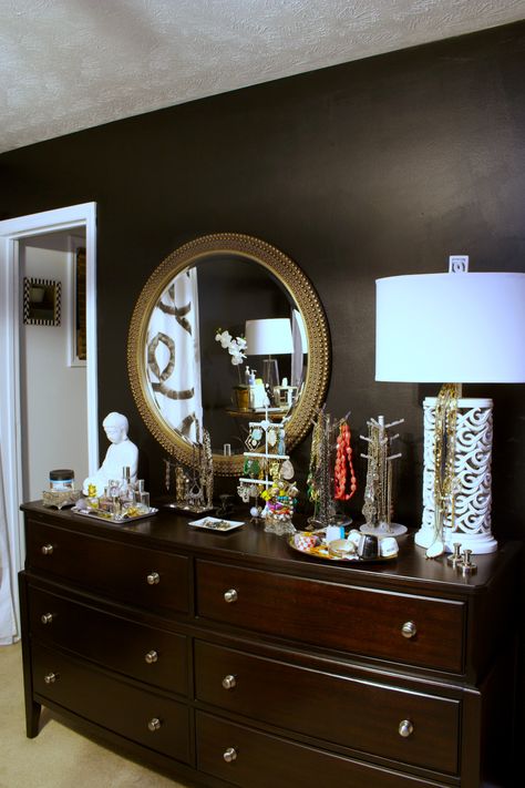 Love the way her jewelry looks against the black walls. The lamp really pops too. Cherry Wood Bedroom, Black Walls Bedroom, Painting A Room, Greige Walls, Black Painted Walls, Best Bedroom Colors, Cherry Furniture, Jewelry Looks, Black Accent Walls