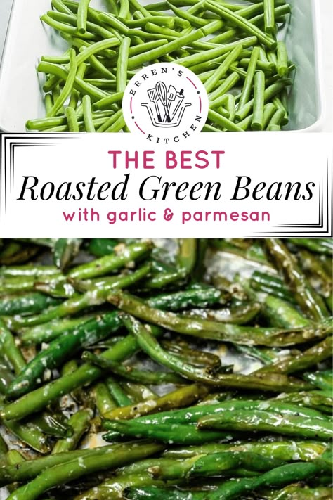 This rustic side dish is a quick, healthy one-pan recipe that's truly fantastic! It's perfect for any night of the week! This fantastic recipe makes Roasted Green Beans flavored with Garlic and Parmesan cheese. It’s a side dish that’s great for anything from holidays to weeknight meals. Roasted String Beans, Roasted Fresh Green Beans, Roasted Parmesan Green Beans, Pan Green Beans, Green Bean Recipes Healthy, Parmesan Roasted Green Beans, Fresh Green Bean Recipes, Green Beans Side Dish, Parmesan Green Beans