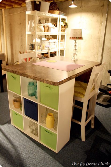 Diy Craft Table, Craft Table Diy, Thrifty Decor Chick, Dream Craft Room, Cube Shelves, Diy Kitchen Storage, Craft Room Storage, Craft Room Office, Diy Desk