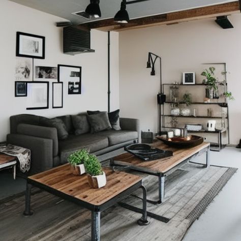 Industrial Home Living Room, Living Room Inspiration Masculine, Earth Tone Industrial Living Room, Industrial Modern Living Room Decor, Minimalist Living Room Masculine, Industrial Apartment Decor Small Spaces, Interior Design Industrial Minimalist, Modern Male Living Room, Scandi Industrial Living Room