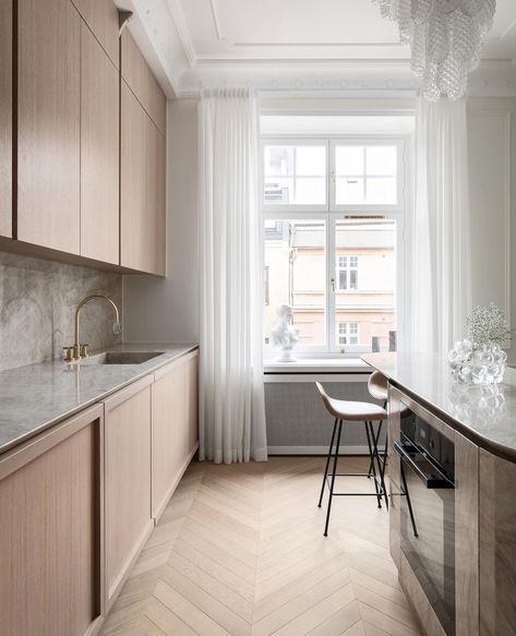 Chic Parisian Apartment, Curved Island, Chevron Flooring, Taj Mahal Quartzite, Reno Kitchen, Mosaic Inlay, Shell Mosaic, Parisian Apartment, April 7