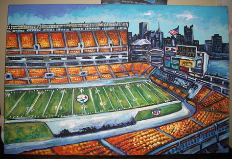 steelers football stadium.. painted by Dawn Tarr Football Field Painting, Steelers Painting, Steelers Canvas Painting, Football Stadium Drawing, Football Stadium Concept Art, Soobin And Beomgyu, Football Stadium Painting, Stadium Painting, Steelers Stadium