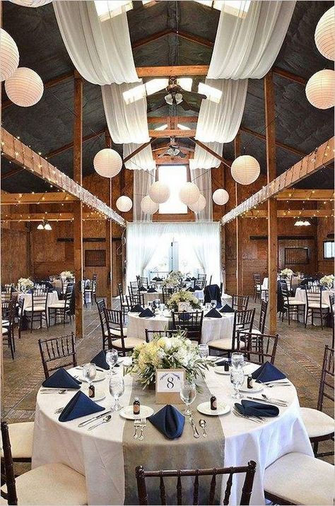 Elegant rustic barn wedding reception draping idea / http://www.himisspuff.com/rustic-indoor-barn-wedding-reception-ideas/4/ Wedding Reception Table Decorations, Barn Wedding Reception, Tafel Decor, Reception Table Decorations, Navy Blue Wedding, Wedding Reception Tables, Wedding Table Decorations, Navy Wedding, Nautical Wedding