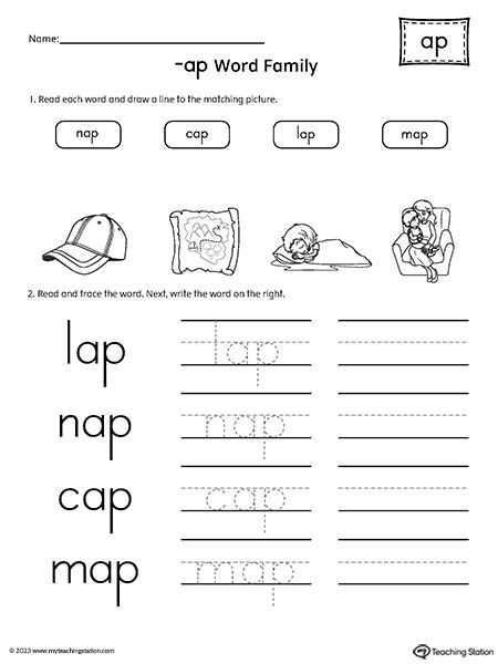 **FREE**AP Word Family Match and Spell CVC Words Worksheet. Help students strengthen vocabulary and language skills with this -ap word family match and spell worksheet. In this printable activity, students read CVC words ending in -ap and connect them to the appropriate pictures. Next, students trace and write the words. Spell Worksheet, Word Families Free, Phonics Grade 1, Word Family Reading, Word Families Printables, Word Family List, Spelling Cvc Words, Kindergarten Word Families, Ccvc Words