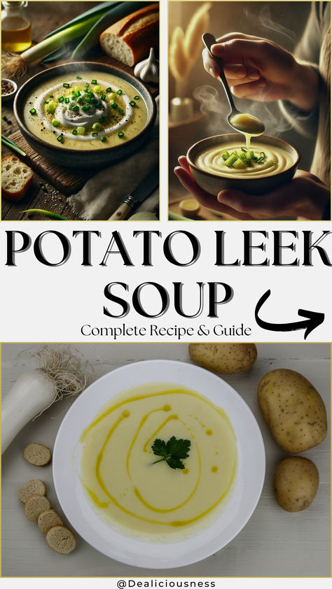 This Potato Leek Soup recipe is the perfect harmony of buttery Yukon Gold potatoes, sweet, tender leeks, and rich cream all coming together in one luxurious bowl. With a pop of fresh thyme and a splash of white wine for that extra kick! The full leek and potato Soup Recipe at dealiciousness.net. Potato Leek Soup Vegetarian, Creamy Potato Leek Soup Recipe, Leek Recipes Soup, Fast Fall Dinners, Leek Soup Recipes, Leek And Potato Soup Recipe, Potato Leek Soup Recipe, Potato And Leek Soup, Healthy Soup Recipe