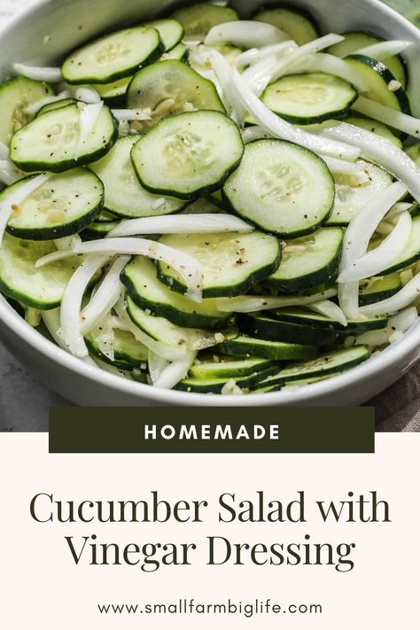 This quick and easy cucumber salad with vinegar dressing is a great side dish. It's a healthy vegetable option with onion, olive oil and apple cider vinegar. The cucumber and onion is marinated in a tangy and refreshing dressing for the perfect cold salad. Cucumber Apple Cider Vinegar, Cucumber Salad With Vinegar, Recipes With Rice Vinegar, Cucumber Salad Dressing, Cucumber And Onion, Cucumber Onion Salad, Cucumber Salad Vinegar, Easy Cucumber Salad, Cucumber Dill Salad