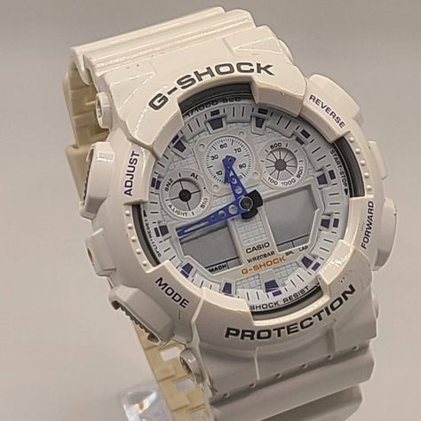 Mens Casio White & Purple G-Shock GA100A Analog/Digital White Nylon Band Watch G Shock Watches, Telling Time, Dynamic Design, Digital Display, G Shock, Digital Watch, Band, Purple, White