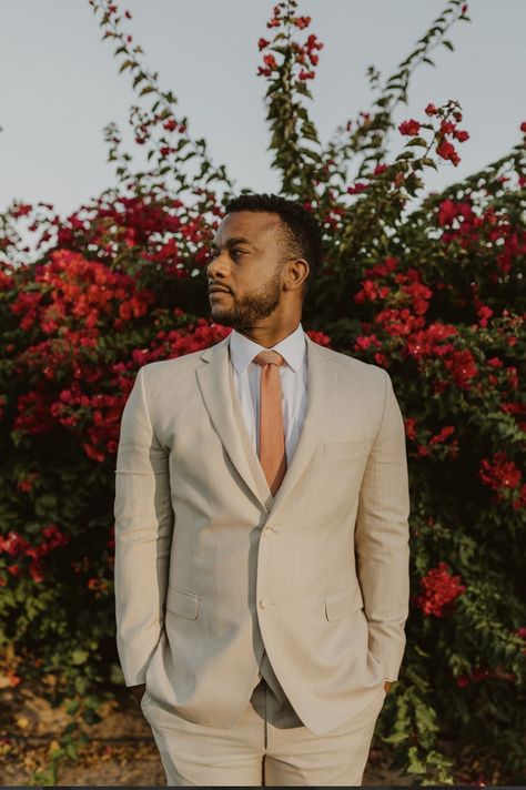 Summer Wedding Groom Attire Linen, Tan Tuxes Wedding, Tan Suit With Terracotta Tie, Groom Suit Terracotta, Tan Suit Orange Tie, Tan And Terracotta Groomsmen, Tan And Rust Wedding, Terracotta And Cream Wedding, Tropical Groom Attire