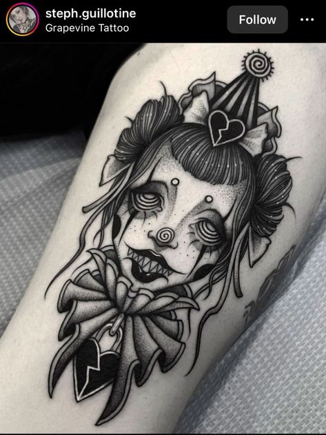 Gothic Chest Piece Tattoo, Creepy Clown Tattoo Designs, Creepy Sun And Moon Tattoo, Gothic Throat Tattoo, Girl Clown Tattoo, Killer Clown Tattoo, Dark Romance Tattoo Ideas, Creepy Doll Tattoo, Female Clown Tattoo