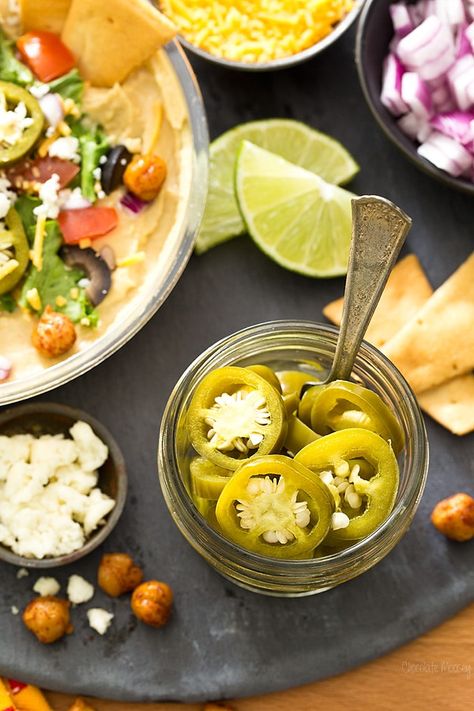 Small Batch Quick Pickled Jalapenos - Homemade In The Kitchen Taco Bar Side Dishes, Quick Pickled Jalapenos, Hummus Bar, Pickled Jalapeno Recipe, Canning Jalapeno Peppers, Pickled Sweet Peppers, Pickled Pepper Recipe, Pickled Hot Peppers, Cheese Sauces