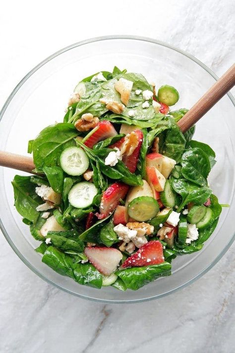 Strawberry Cucumber Spinach Salad with Apple Cider Vinaigrette - Yay! For Food Cucumber Spinach Salad, Salad With Apple Cider Vinaigrette, Apple Cider Vinegar Dressing, Cider Vinegar Dressing, Salad Apple, Strawberry Cucumber, Apple Cider Vinaigrette, Cider Vinaigrette, Resep Salad