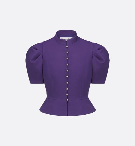 The jacket offers a modern take on Dior's codes of elegance. Crafted in purple lightweight wool and silk, it displays a fitted, cropped silhouette, an officer collar and a Dior Tribales button closure, showcasing a CD resin pearl inspired by the iconic House earring. Completed by short puff sleeves, the jacket can be paired with the matching skirt from the collection to complete a couture look. Violet Clothes, Puff Sleeve Jacket, Dior Jacket, Resin Pearl, Designer Looks, Couture Looks, Sunday Dress, Couture Jackets, Diy Fashion Clothing