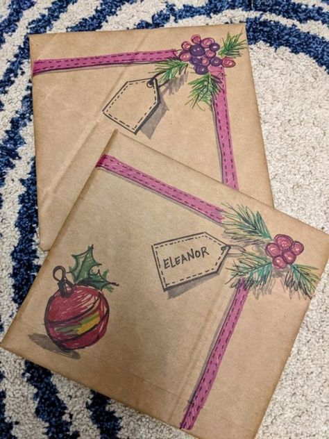 Diy Birthday Wrapping Paper, Drawn Wrapping Paper, Kraft Paper Christmas Wrapping, Brown Christmas Wrapping Paper, Paper Bag Wrapping, Christmas Gift Wrapping Diy, Christmas Wrapping Diy, Christmas Gift Wrapping Ideas, Brown Paper Wrapping