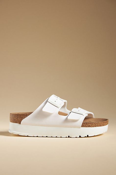 Birko-Flor® synthetic leather upper Cork-latex insole EVA sole Slip-on styling Imported | Arizona Flex Platform Sandals by Birkenstock in White, Women's, Size: 39 at Anthropologie White Birks, Arizona Birkenstock, Birkenstock White, White Birkenstocks, Pack Your Bags, Blue Books, Birkenstock Arizona, Eva Sole, French Girl