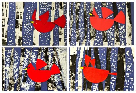 Grey Lengha, Cardinal In Flight, Bird Crafts For Kids, Charley Harper Cardinal, Maths Art, Charley Harper Birds, Bird Collage, Winter Art Lesson, Kindergarten Art Lessons