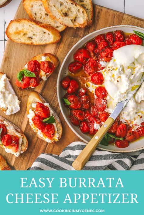 This easy burrata bread appetizer recipe topped with roasted tomatoes is sure to wow your guests! Easy to make and enjoy anytime of year. Tomato Parmesan Bake, Red Food Appetizers, Christmas Burrata Appetizer, Easy Wine Appetizers, Cherry Tomato Burrata Appetizer, Burrata Caprese Appetizer, Appetizer Recipes Burrata, Burrata Bread Recipe, Appetizers For Wine Night