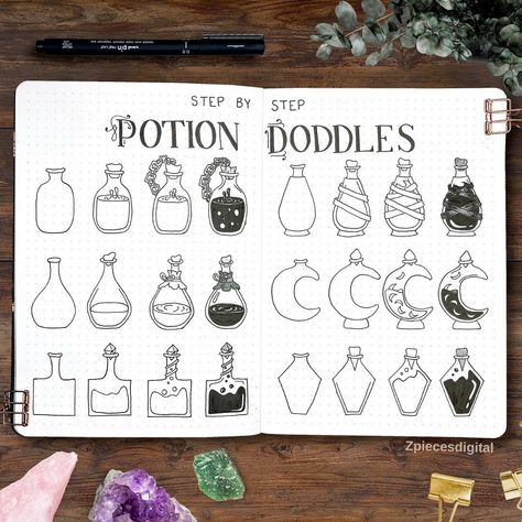 Easy step by step magic potion bottle doodles by @zpiecesdigital on Instagram. Follow for more cute and easy doodle tutorials! #qutedoodles #cutedoodles #howtodraw #howtodoodle Doodles Alphabet, Bullet Journal Drawings, Cute Things To Draw, Journal Drawings, Doodles To Draw, Bottle Drawing, Ink Doodles, Alphabet Font, Things To Draw