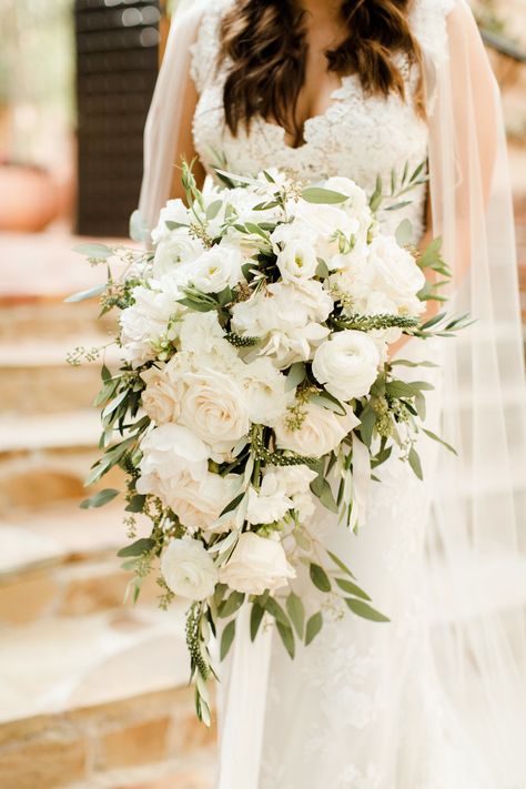 White Cascade Bouquet, White Rose Bridal Bouquet, Bridal Wedding Flowers, Olive Green Weddings, Cascading Bridal Bouquets, Spring Wedding Bouquets, Cascading Wedding Bouquets, Rose Bridal Bouquet, Wedding Bouquets Bride