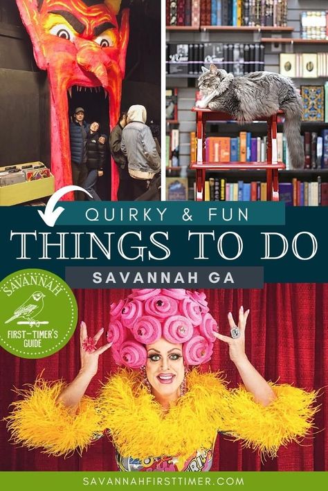 Pinnable graphic with three images, one of a door with a large red devil surrounding the entrance, one of a kitten surrounded by books, and one of a drag queen. Text overlay reads "Quirky & Fun Things To Do in Savannah Georgia" Fun Things To Do In Savannah Georgia, Savannah Things To Do, Savannah Georgia Halloween, Savannah Ga Things To Do, Savannah Georgia Things To Do, Things To Do In Savannah Georgia, Savannah Shopping, Savannah Georgia Restaurants, Savannah Bars