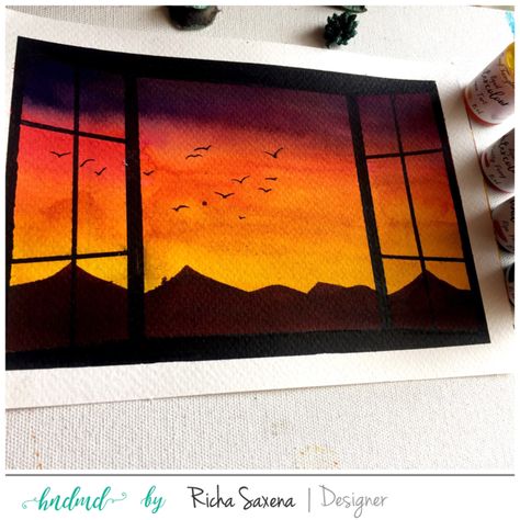 Sunset through my window - Watercolor piece by Richa using CrafTangles watercolor products Window Watercolor, Through My Window, Sky Art Painting, Cubism Art, Silhouette Painting, Flower Painting Canvas, Simple Canvas Paintings, Easy Canvas, Easy Canvas Art