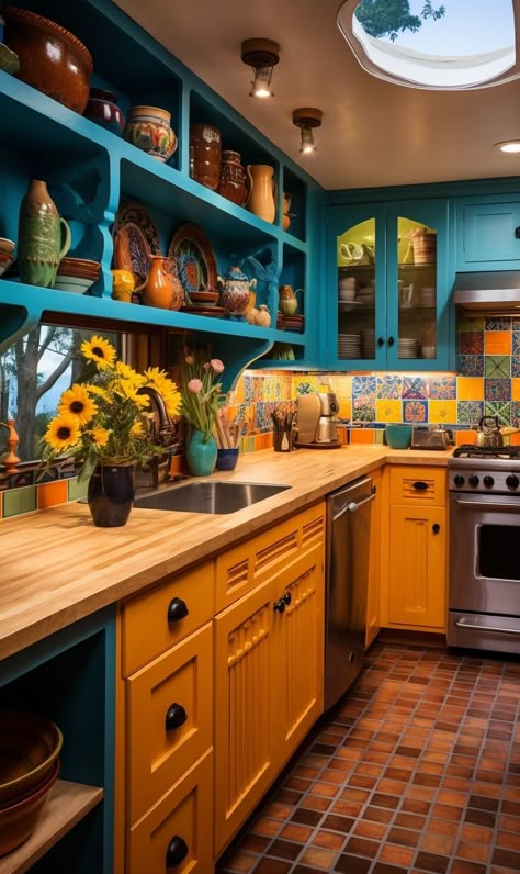 Butcherblock Countertops, Kitchen Palette, Mexican Style Kitchens, Fantasy Interior, Sims Interior, Colourful Homes, Turquoise Kitchen, Latest Kitchen Designs, Starting Fresh