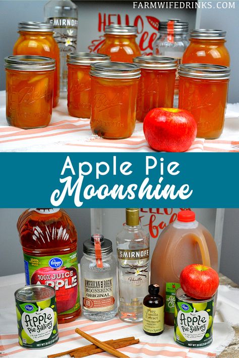 Apple pie moonshine combines apple cider and juice with apple pie filling with cinnamon sticks and vanilla with moonshine and vanilla vodka to create your new favorite fall liquor to drink. Maple Cream Pie, Apple Moonshine, Flavored Moonshine Recipes, Apple Pie Shots, Apple Pie Drink, Apple Pie Moonshine Recipe, Cheeseburger Mac, Homemade Moonshine, Moonshine Recipe