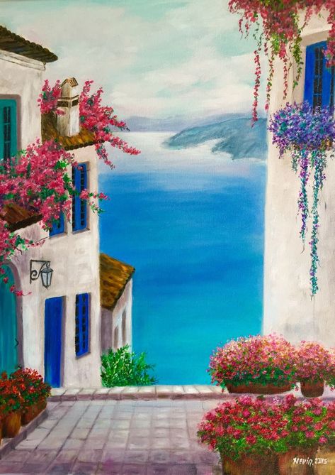 Greece Painting, Acrylic Painting Inspiration, Wine Painting, 수채화 그림, Acrylic Painting Tutorials, Beginner Painting, Mini Canvas Art, Art Painting Acrylic, Painting Art Projects