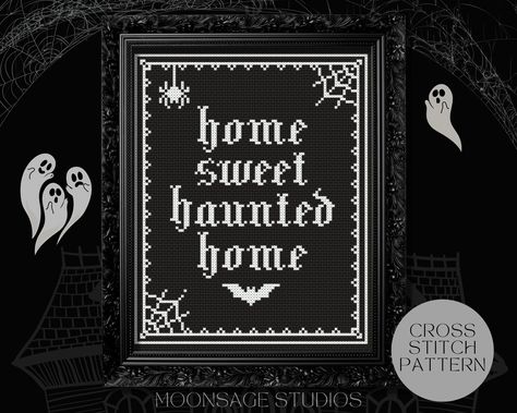 "A fun and spooky Gothic Cross Stitch pattern that will make a beautiful addition to any gothic decor, spooky gallery wall, or even as a gift to your favorite witch or ghoul! ☾ SIZE ☽ Sizes for 14 count Aida Cloth:  Design size: 6-1/2 inches (16.5cm) wide by 8 inches (20.3cm) high  Fabric Size: 11 inches (27cm) wide by 12 inches (30cm) high Count Size: 91 x 112 stitches  ☾ SPECIFICATIONS ☽ This pattern was created with 1 colour of white DMC thread and black 14 count Aida cloth, however; feel fre Ghostface Cross Stitch, Spooky Cross Stitch Pattern, Witchy Cross Stitch Patterns, Goth Cross Stitch, Witchy Cross Stitch, Horror Cross Stitch, Spooky Cross Stitch, Home Sweet Haunted Home, Gothic Cross Stitch