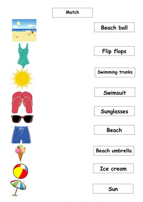 Vocabulary online activity for jardin de niños. You can do the exercises online or download the worksheet as pdf. Summer Vocabulary Activities, Summer Season Worksheets For Kids, Summer Vocabulary For Kids, Beach Worksheets For Kids, At The Beach Worksheet, Beach Worksheet, Summer Worksheets For Kids, Vacation Activities For Kids, Beach Vocabulary