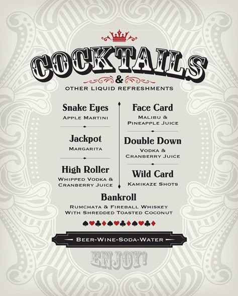 Birthday Vegas, Casino Birthday Party, Bond Party, Vegas Theme Party, Menu Pdf, James Bond Party, Casino Theme Party, Cocktail Names, Casino Night Fundraiser