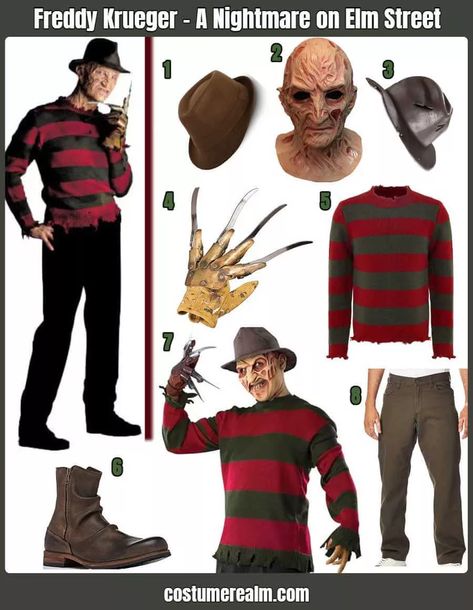 Freddy Krueger Costume Men, Halloween Costumes Freddy Kruger, Freddy Krueger Costume Kids, Freddy Krueger Fantasia, Freddie Cruger Girl Costume, Freddie Kruger Costume Women, Freddy Krueger Outfit, Freddy Kruger Girl Costume, Girl Freddy Krueger Costume