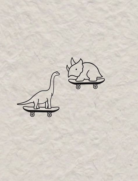 Dino On A Skateboard Tattoo, Dinosaur On A Skateboard Tattoo, Dino Holding Knife Tattoo, Line Work Dinosaur Tattoo, Funny Easy Tattoos, Dino Best Friend Tattoo, Shark And Dinosaur Tattoo, Small Funny Tattoo Ideas, Dino Tattoo Tiny