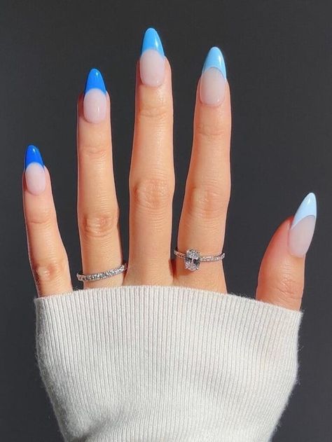 Blue French Tip Nails Different Shades, Nail Inspo Baby Blue, Shades Of Blue Nails, Blue Nail Polish Colors, Blue Nail Design, Light Blue Nail Designs, Blue Ombre Nails, Blue French Tips, Light Blue Nails