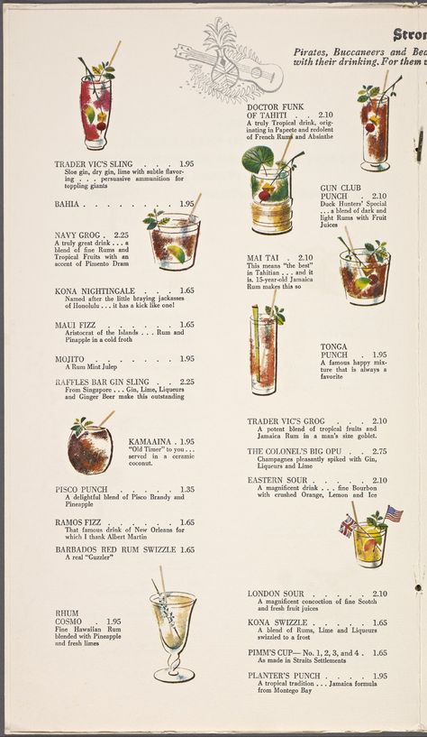 Trader Vic's menu (1968) via @nypl Map Menu Design, Card Menu Design, Pretty Menu Design, Aesthetic Menu Card, Restaurant Menu Illustration, Online Menu Design, Illustrated Menu Design, Menu Illustration Design, Menu Design Aesthetic