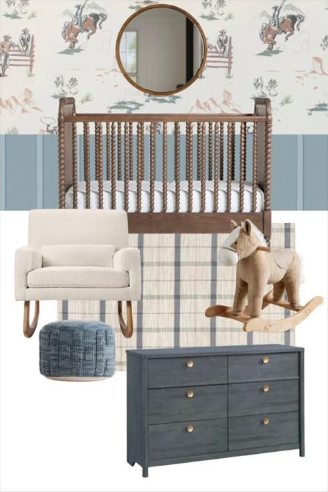 Western Vintage Farm Nursery Boy, Western Nursery Ideas Boy, Cottage Boy Nursery, Timeless Nursery Ideas, Toddler Boy Nursery, Blue Vintage Nursery, Vintage Western Nursery Baby Boy, Western Boy Nursery Ideas, Country Nursery Baby Boy