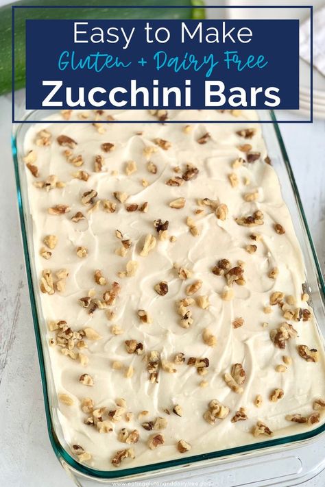 This is the best zucchini bar recipe. This easy zucchini bar dessert is great to use up your leftover zucchini from the garden. This gluten free zucchini bar recipe is perfect. Enjoy the dairy free zucchini recipe for dessert. This gluten free dairy free dessert idea is soooo tasty. Enjoy it with homemade frosting. #dairyfree #glutenfree #dessertrecipe Dairy Free Zucchini Recipes, Leftover Zucchini, Zucchini Desserts, Family Dessert Recipes, Zucchini Bars, Zucchini Recipes Dessert, Bars Dessert, Dairy Free Cooking, Gluten Free Dairy Free Dessert