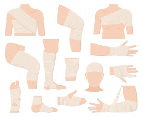 Cartoon physical injured body parts in b... | Premium Vector #Freepik #vector #broken-arm #broken-bone #injured #broken-leg Face Bandage Reference, Bandaged Body Drawing, Drawing Base Injured, Arm Bandages Reference, Bandaged Leg Drawing, Loose Bandages Drawing Reference, Helping Injured Drawing Reference, Injured Arm Reference, Bandaged Character Designs