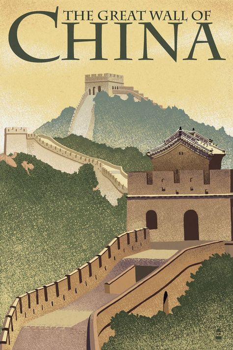 Great Wall of China - Lithograph Style (9x12 Art Print, Wall Decor Travel Poster)