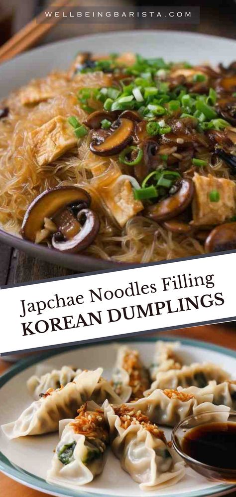 Delicious Japchae mandu dumplings filled with veggies and noodles. Prepare a large batch and freeze for effortless weeknight dinners or convenient party appetizers! #japchae #korean #mandu #dumplings Dairy Free Dumplings, Dumplings Filling Recipe, Korean Dumplings Recipe, Mandu Dumplings, Rice Noodles Recipes, Korean Mandu, Mandu Recipe, Filled Dumplings, Vegetarian Dumplings