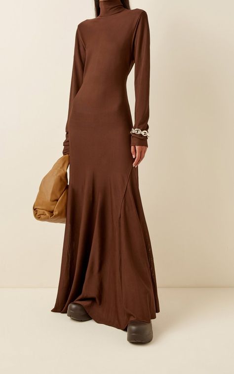 Bottega Veneta Outfit, Puddle Boots, Turtleneck Maxi Dress, Minimal Dress, Jersey Maxi Dress, Brown Dresses, Knitted Dresses, Couture Style, Knit Dresses