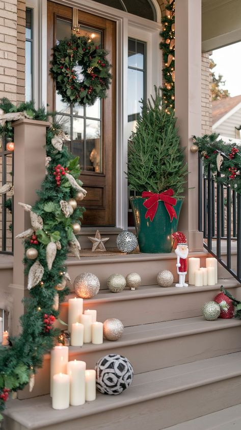 A cozy porch featuring a large red front door adorned with a festive green wreath. Lush garlands wrap around the doorframe, with twinkling white string lights and red bows. Easy Christmas Porch, Cozy Porch, Christmas Porch Decor Ideas, Red Front Door, White String Lights, Diy Fall Wreath, Christmas Porch Decor, Green Wreath, Small Home Office