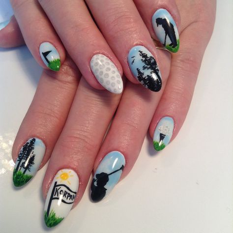 Golf nails! Hand painted Golf Design Nails, Golf Themed Nail Designs, Nail Art Golf, Golf Inspired Nails, Golf Theme Nails, Sports Nail Art, Theme Nails, Adorable Nails, Sports Nails