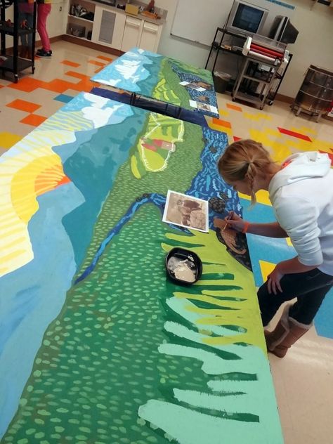 murals with children, student painted mural, school mural, river mural with kids School Murals For Kids, Art Assessment, Art Black Love, Education Worksheets, Art Rooms, Poster Graphics, Blooms Taxonomy, School Murals, Murals For Kids