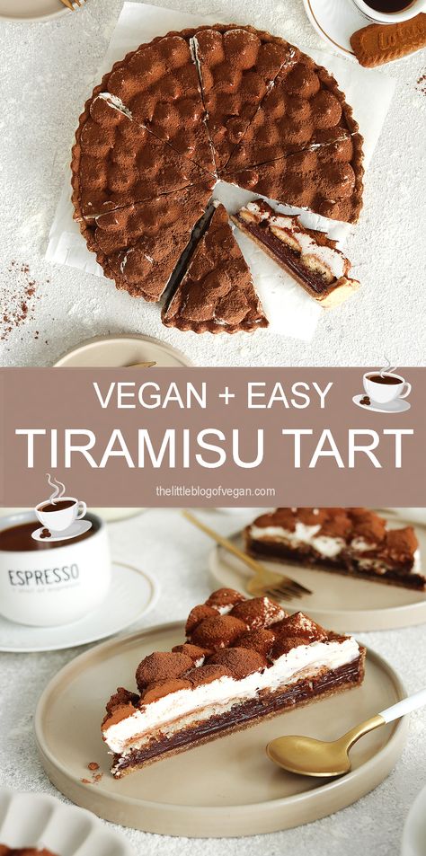 Tiramisu Tart Birthday Tarts Desserts, Vegan Tart Recipes, Easy Vegan Tiramisu Recipe, Vegan Gluten Free Tiramisu, Vegan Tiramisu Cake, Chocolate Coffee Ganache, Tiramisu Tart, Vegan Salted Caramel Tart, Homemade Ladyfingers