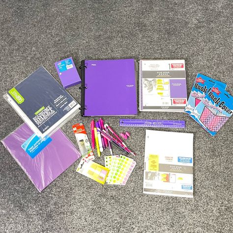 Purple Themed Back To School Supplies Bundle This Bundle Includes 3.5" X 5.25" Index Card Box, 2 Book Covers, 1 Ruler, Pack Of Reinforcement Stickers, Pack Of Post It Flags, 100 Sheets Of Lined Paper, 20 Sheet Protectors, 2 Paper Portfolios, 1 Notebook (100 Sheets), 1 Hybrid Notebinder, 2 Pens, 2 Highlighters, 2 Markers, 3 Eraser Tops, 4 Pencils. Note: Some Items Are Gently Used Organized School Supplies, College Study Supplies, Purple School Supplies, Basic School Supplies, School Backpack Essentials, Middle School Life, Pretty School Supplies, School Preparation, Stationery Obsession